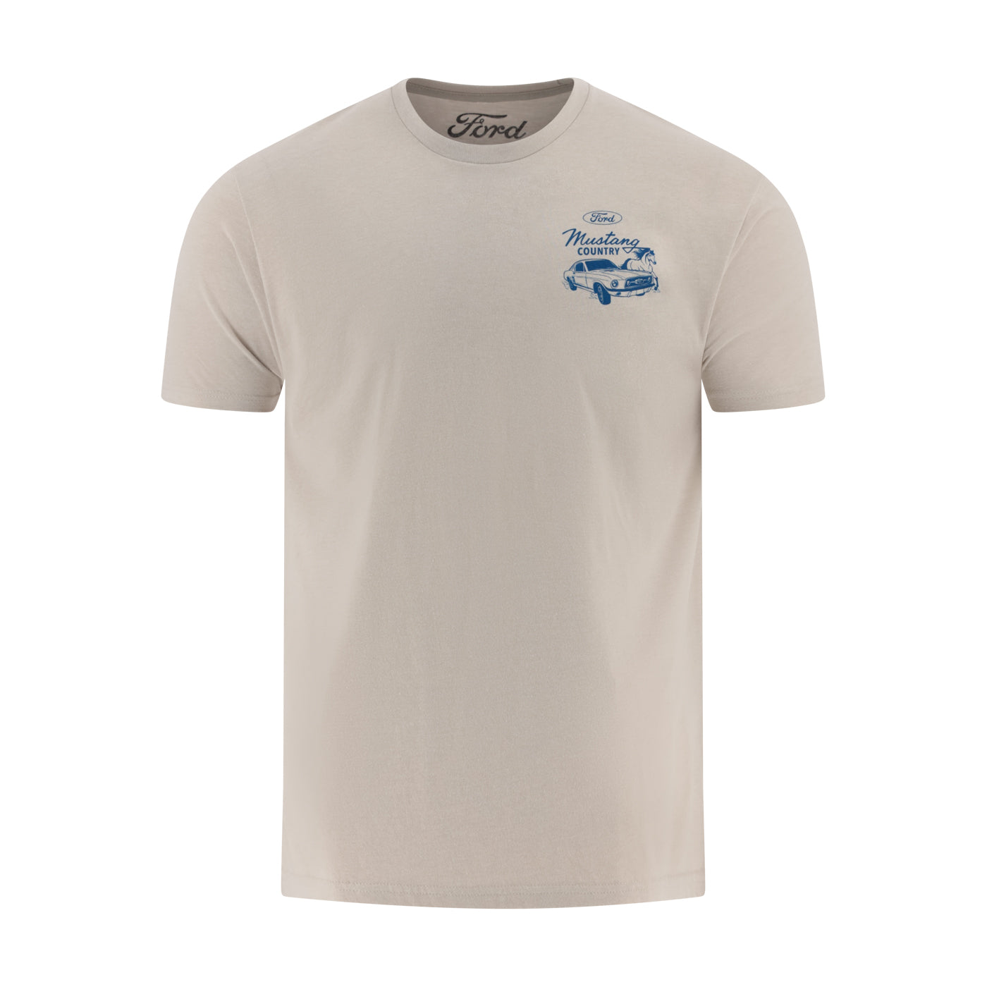 Beige t-shirt with Ford logo and Mustang graphic on a white background